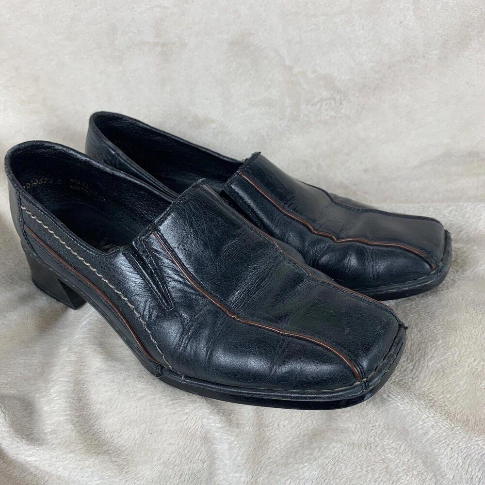Rieker Shoes Womens Size 37 Loafers Slip On Heels Comfort Black Leather